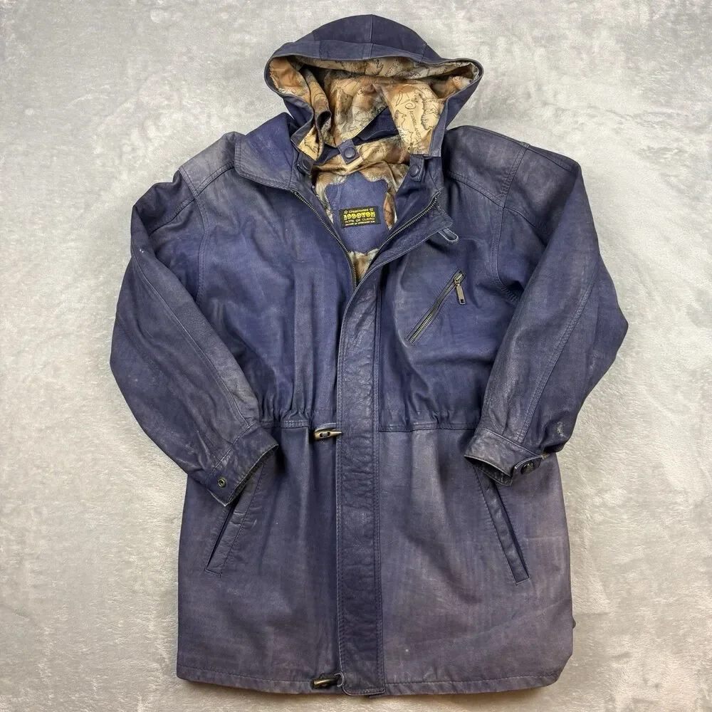 Vintage Creaciones 1000TON Blue Leather Hooded Jacket Coat Map Lined